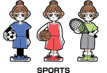 テニス部、バスケットボール部、サッカー部の女の子のイラスト
