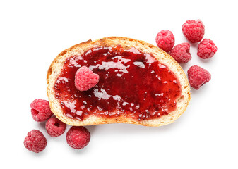 Toast with sweet raspberry jam and berries on white background