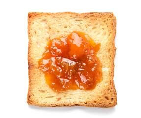 Toast with delicious jam on white background