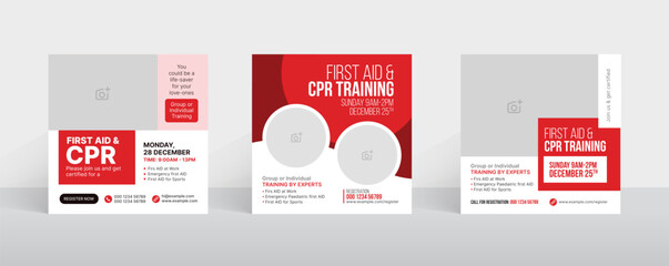 CPR training social media post and web banner templates. Course admission social media banner and stories design layout