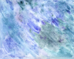 Watercolor painting abstract strokes, space sky, sea. Horizontal page texture, copy space grunge backdrop, retro texture, vintage background. Royal blue, sapphire, navy, indigo, cobalt, electric blue - 523713229