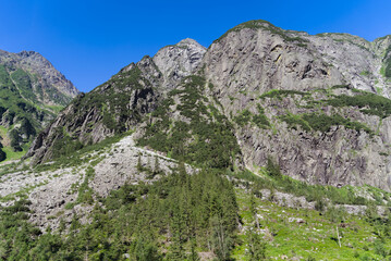Fototapeta na wymiar Mountain panorama at Swiss mountain pass Grimsel, Canton Bern, on a sunny summer day. Photo taken July 3rd, 2022, Grimsel Pass, Switzerland.