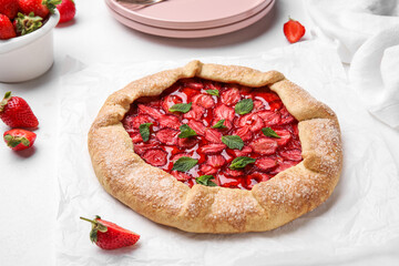 Tasty strawberry galette on light background