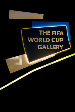 "Zurich, Switzerland- Curca June,2022: A picture with noise effect of The Fifa World Cup Gallery sign in low light at Museum."