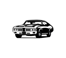 Obraz premium Retro muscle car vector illustration. Vintage poster of reto car. Old mobile isolated on white.