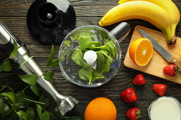 Concept of cooking tasty food with blender, top view
