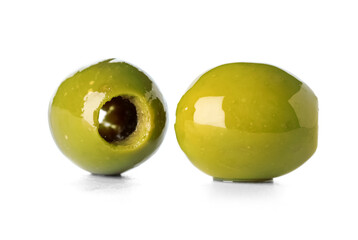 Delicious green olives on white background