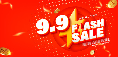 9.9 3D style Flash Sale banner template design for web or social media.
