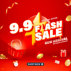 9.9 3D style Flash Sale banner template design for web or social media.