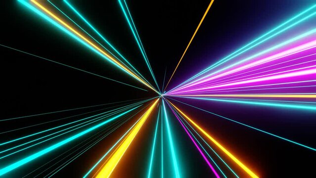 3d animation of abstract background with neon color laser rays spinning around on the center. Disco or nightclub show light effect