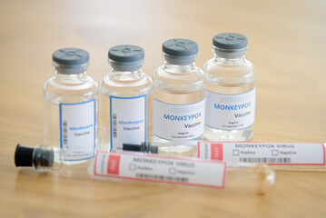 Vaccine vial for Monkeypox and antigen blood test tube.