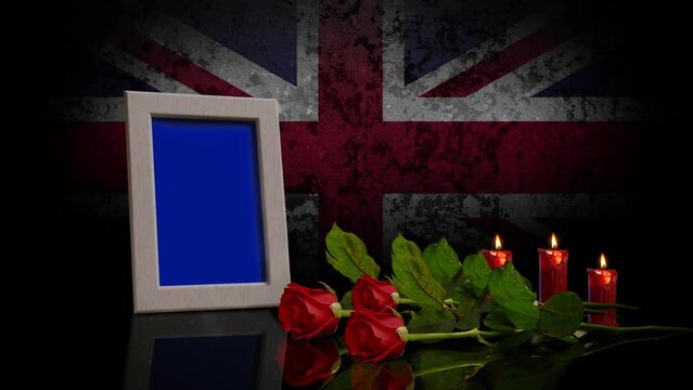 Memorial Day Card. With the Flag of United Kingdom in the Background. Looped. Photo or Video can be Placed in Blue Frame.	
