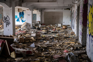 Abandoned industrial building interior. Apocalyptic scene. Ruins of large factory hangar or room...