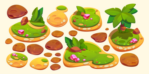 Game elements for level map ui design, islands with crystals, palm trees, green grass and rocks. Cartoon 2d nature locations, fantasy landscape platforms, environment graphics for pc or mobile arcade