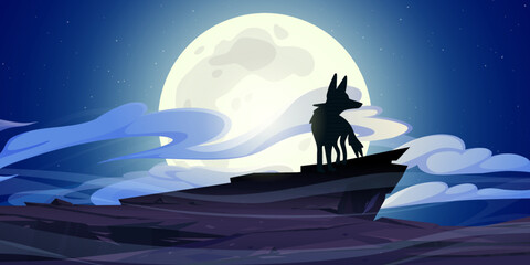 Wolf stand on rock cliff at night with full moon in dark starry sky. Wild animal silhouette stand on mountain top howl or searching prey. Werewolf, dog or coyote cartoon character, Vector illustration - obrazy, fototapety, plakaty