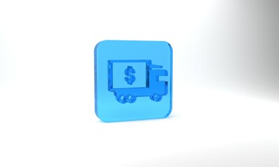 Blue Armored truck icon isolated on grey background. Glass square button. 3d illustration 3D render