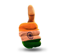 Thumbs up painted in Indian flag colors isolated on white background. National flag of India