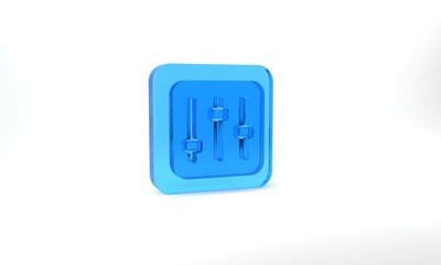 Blue Sound mixer controller icon isolated on grey background. Dj equipment slider buttons. Mixing console. Glass square button. 3d illustration 3D render