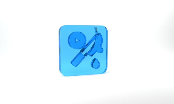 Blue Thriller movie icon isolated on grey background. Bloody knife. Suspenseful cinema genre, survival horror. Shocking films with gore and violence. Glass square button. 3d illustration 3D render