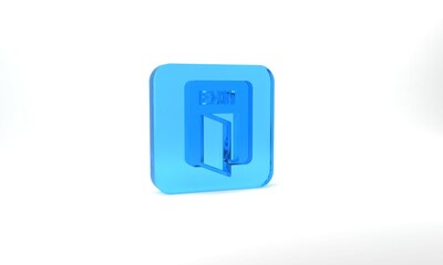 Blue Fire exit icon isolated on grey background. Fire emergency icon. Glass square button. 3d illustration 3D render