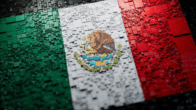 Mexican Flag Rendered As Futuristic 3D Blocks. Mexico Network Concept. Tech Wallpaper.