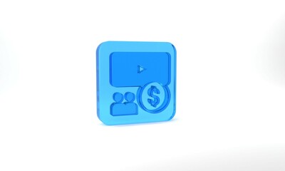 Blue Cinema auditorium with screen icon isolated on grey background. Glass square button. 3d illustration 3D render