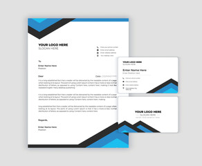 Blue stationery template design with geometric pattern. Set of business corporate identity mock up. Documentation for business.