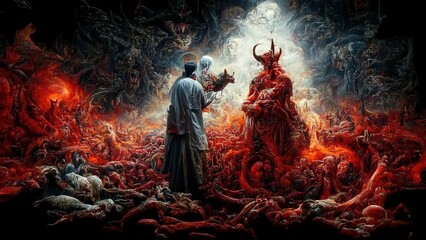 god versus satan fantasy illustration - obrazy, fototapety, plakaty