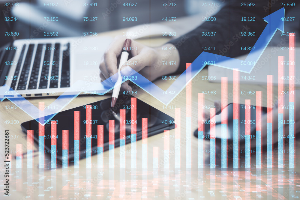 Poster man hands using digital tablet with pen and other devices with creative growing financial forex char