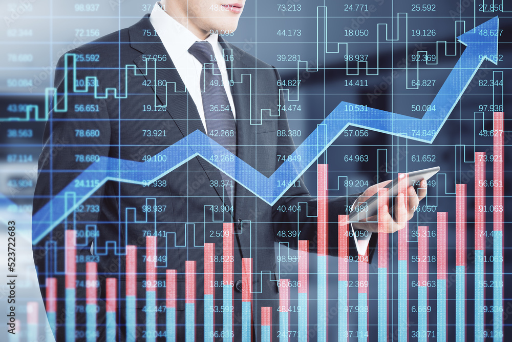 Poster faceless businessman using smartphone with creative growing financial forex chart with upward arrow 