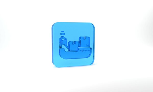 Blue Cargo ship with boxes delivery service icon isolated on grey background. Delivery, transportation. Freighter with parcels, boxes, goods. Glass square button. 3d illustration 3D render