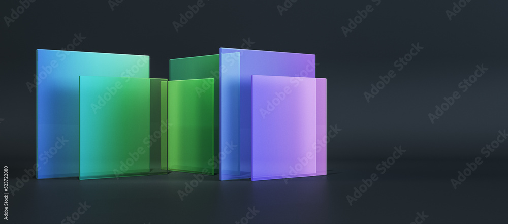 Poster abstract colorful square glass on wide black background with mock up place for advertisement. decor 