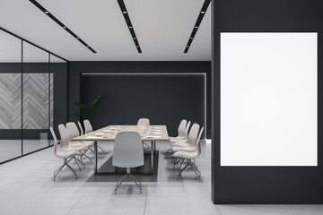 Modern glass meeting room interior with blank white mock up banner, furniture and reflections. Law and legal, commercial workplace concept. 3D Rendering.