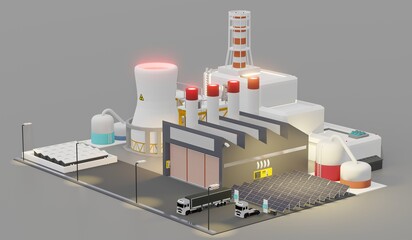 Industrial plant with solar panels EV charging electrical system in the factory solar energy 3d illustration