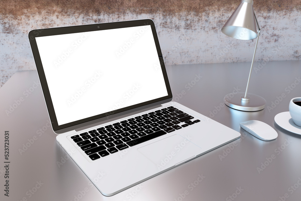 Poster close up of modern grunge style workplace with blank white mock up laptop screen on desktop. 3d rend