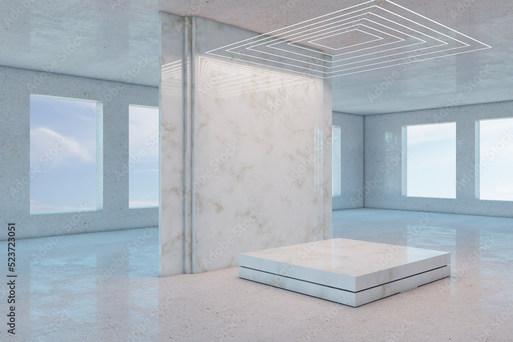 Poster modern light concrete gallery interior with empty mock up place on wall and podium. exhibition and m