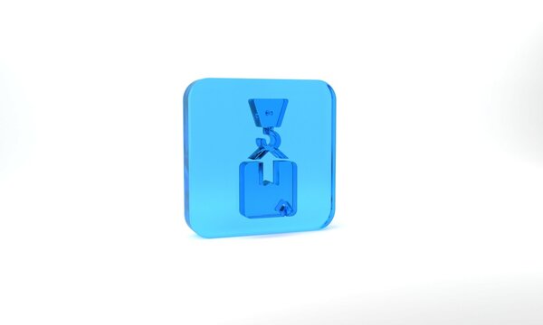 Blue Crane with carton cardboard box icon isolated on grey background. Crane lifts a container with cargo. Glass square button. 3d illustration 3D render