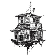 Fantastic flying old house in steampunk style. Vector illustration isolated on white background