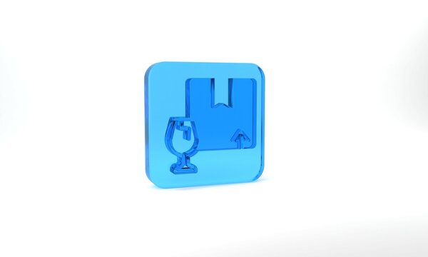 Blue Delivery package box with fragile content symbol of broken glass icon isolated on grey background. Box, package, parcel sign. Glass square button. 3d illustration 3D render