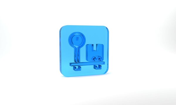 Blue Scale with cardboard box icon isolated on grey background. Logistic and delivery. Weight of delivery package on a scale. Glass square button. 3d illustration 3D render