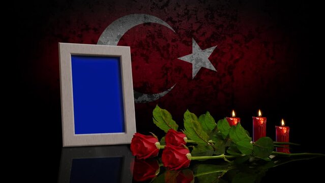Memorial Day Card. With the Flag of Turkish in the Background. Looped. Photo or Video can be Placed in Blue Frame.	
