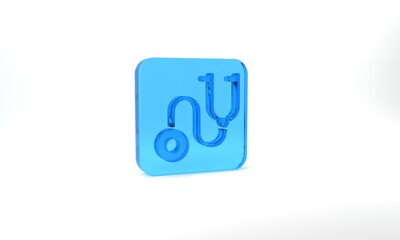 Blue Stethoscope medical instrument icon isolated on grey background. Glass square button. 3d illustration 3D render