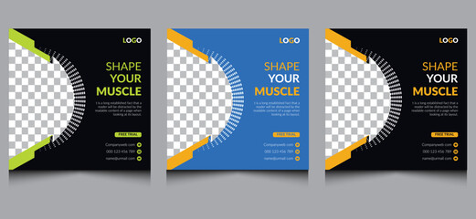 Fitness gym web banner minimalist unique clean creative modern square sports yoga advertisement ads social media Instagram fresh business promotion design template blue orange green color variation. 