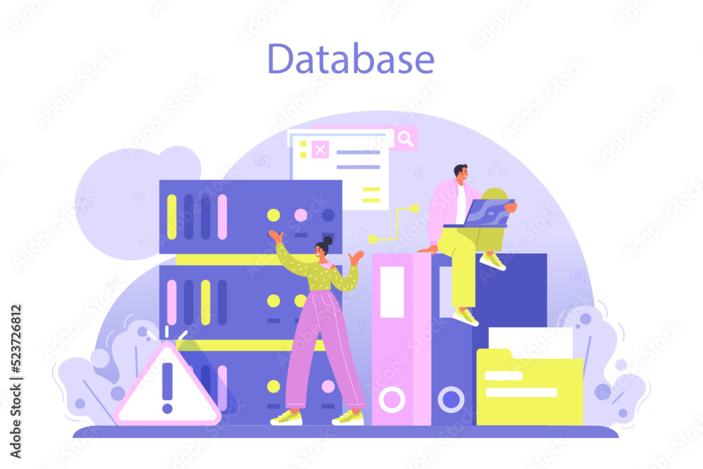Poster data base administrator concept. manager working at data center,