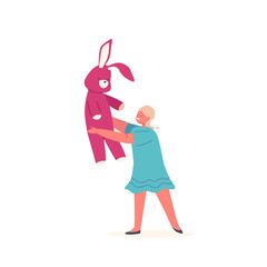 Little Girl Character Holding Soft Bunny Toy Playing and Smiling, Child Happiness Isolated on White Background