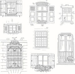 Set of vintage windows llustration. Line art, black and white style on a white background.