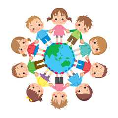 手を繋いで地球に立つ可愛い子供たちのイラスト　白背景　クリップアート　ベクター