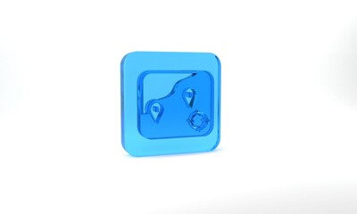 Blue Location fishing icon isolated on grey background. Fishing place. Glass square button. 3d illustration 3D render