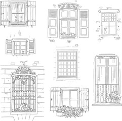 Set of vintage windows, vector illustration. Line art, black and white style on a white background.