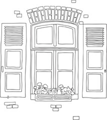 Vintage window with shutters and flower in pot, vector illustration. Line art, black and white style on a white background.
